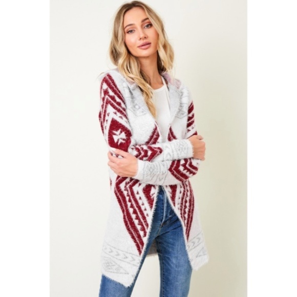 SOLD OUT Wine Fuzzy Soft Knit Long Sleeve Aztec Tribal Native Western Cardigan - Picture 4 of 9